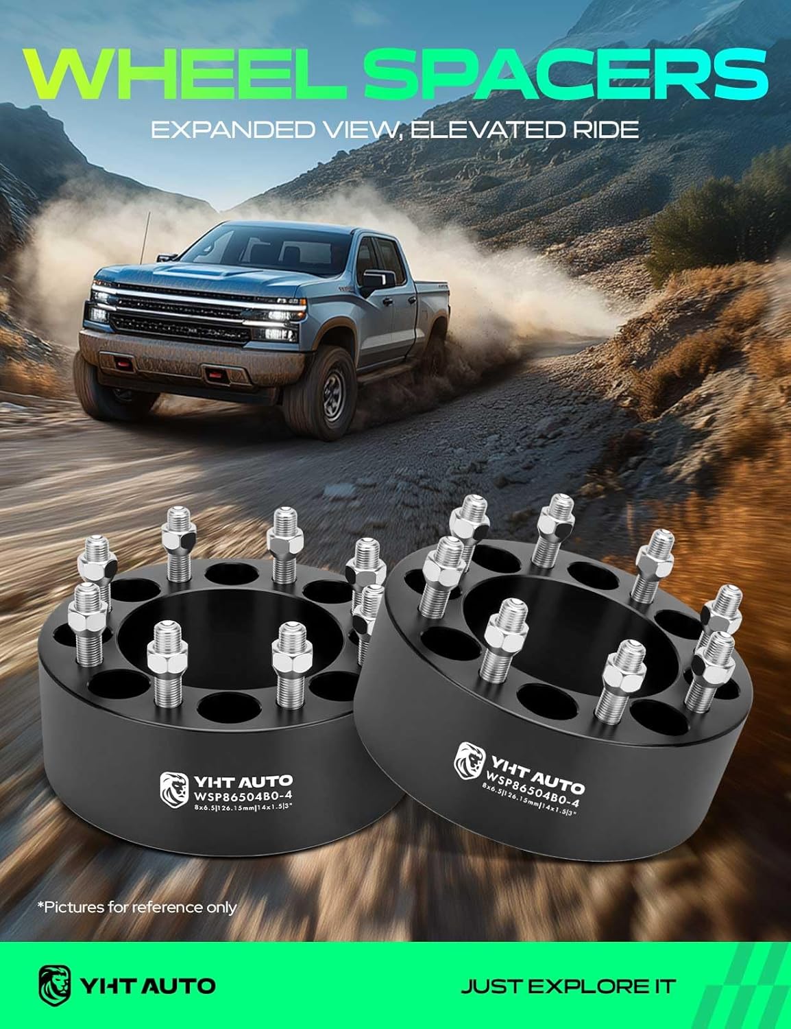 YHTAUTO 8x6.5 Inch Wheel Spacers 3 Inch Fits Chevy Silverado, GMC Sierra, Ram 2500/3500, Nissan, Hummer Models Tire Spacers w/ M14x1.5 Studs 126.15mm Center Bore 8 Lug 4PCS Black