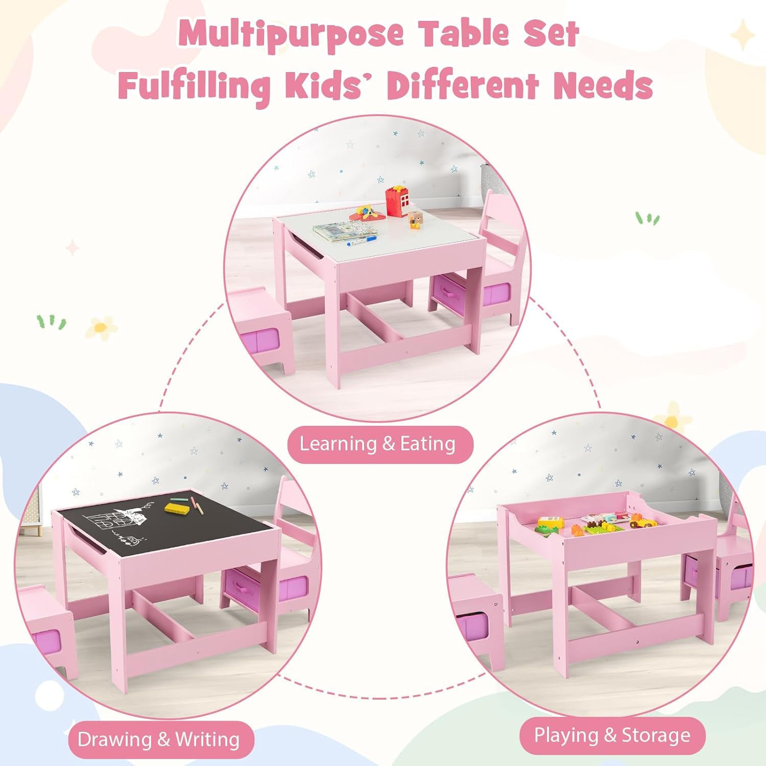 GLACER Kids Table and Chairs, 3 in 1 Wooden Activity Table with Storage, Reversible Tabletop, Chalkboard for Crafts, Drawing, Reading, Toddler Table and Chair Set for Playroom, Easy to Clean(Pink)