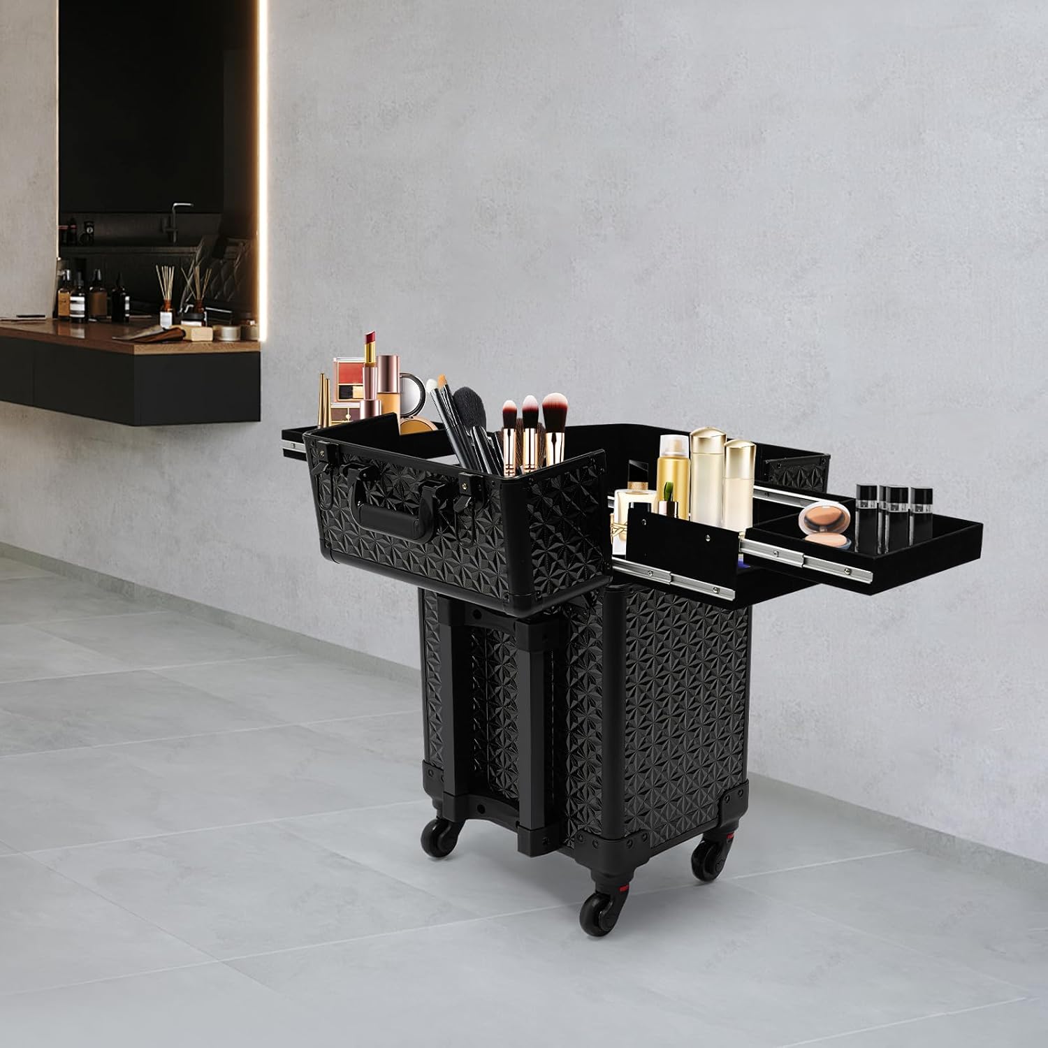 Rolling All-in-One Makeup Train Case, Mobile Makeup Station with 4 Drawers, Cosmetic Nail Cart Organizer for Hairdressers, Beauticians, Manicurists, Beauty Lovers (Black)