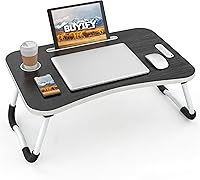 BUYIFY 23 Inch Folding Lap Desk with Cup Holder - Portable Wood Laptop Bed Tray for Sofa, Bed, Floor Work & Reading - Black