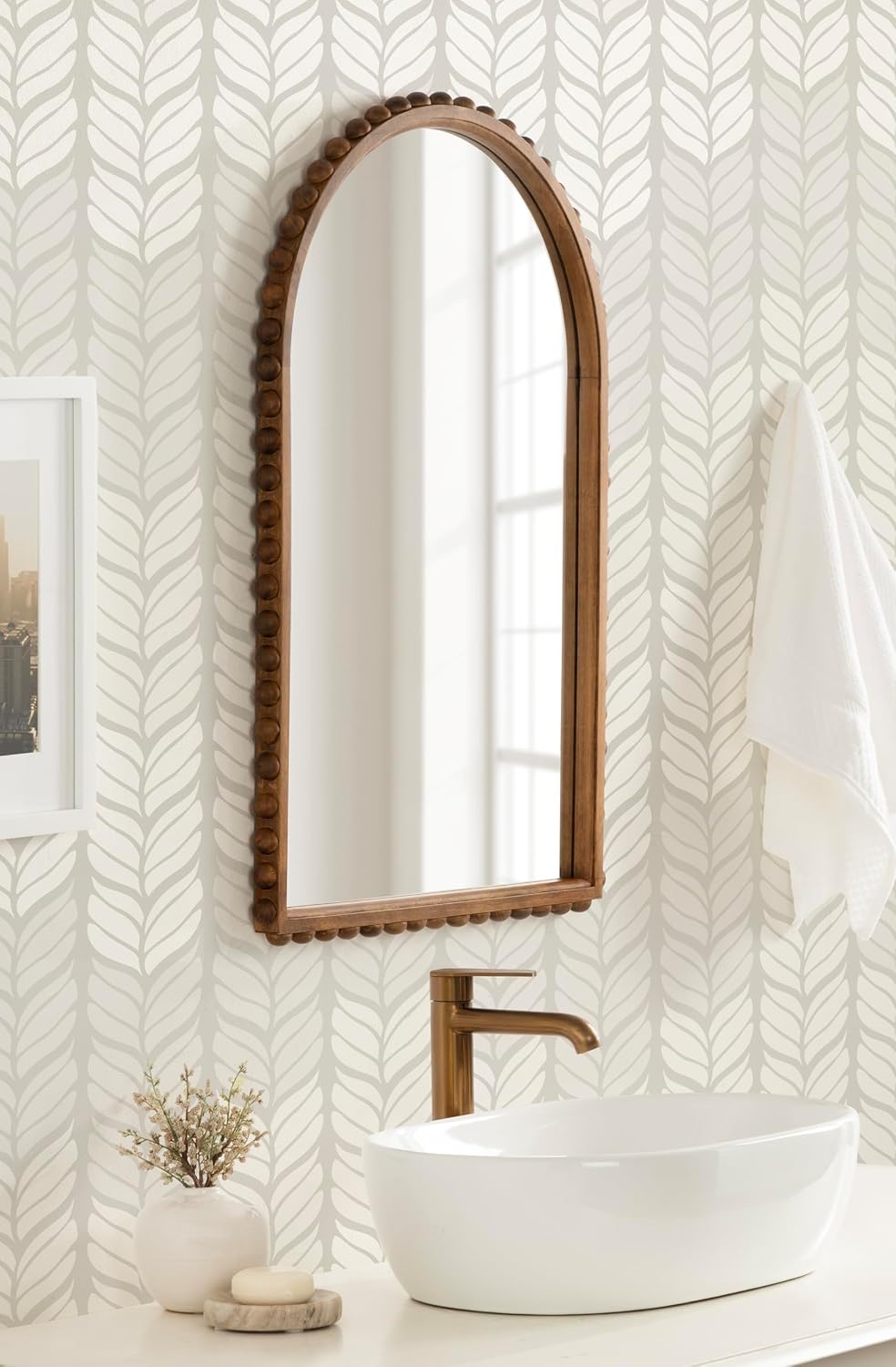 Kate and Laurel Beadbrook Modern Beaded Arched Mirror, 20 x 30, Rustic Brown, Transitional Arch Wall Mirror for Use as Bathroom Mirror or Entryway Mirror Decor