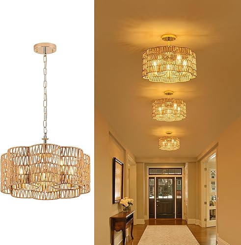 Miniatura 11 de Lámpara de techo de ratán tejida lineal 2 en 1 de 5 luces de 19.6 pulgadas, montaje empotrado/colgante convertible para isla de cocina y comedor,