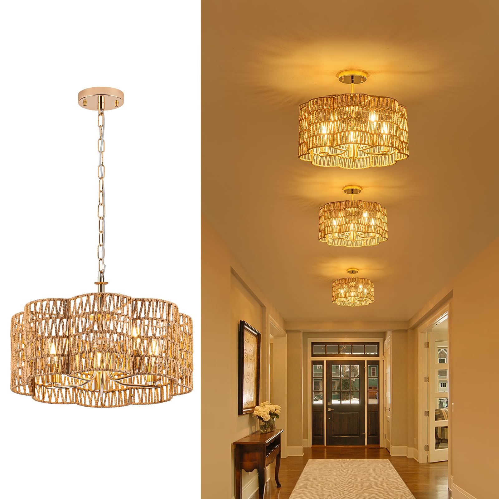 Tbaoinla 5-Light 19.6'' Convertible Rattan Chandelier - Flush Mount/Pendant Farmhouse Ceiling Light for Dining Room, Adjustable Chain & Dimmable