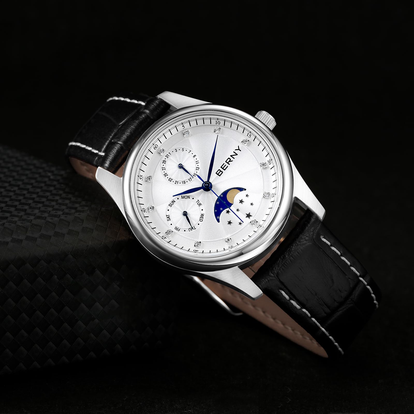 BERNY Relojes Multifunción para Mujer Relojes de Señora Resistentes al Agua con Correa de Cuero Genuino Relojes de Moda Femeninos con Subesfera Calendario y Fase Lunar