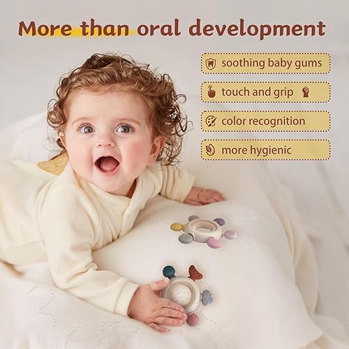 Miniatura 5 de Paquete de 3 anillos mordedores para bebés de 0 a 6 a 12 meses, juguetes de dentición con soporte para clip para chupete, juguetes masticables para