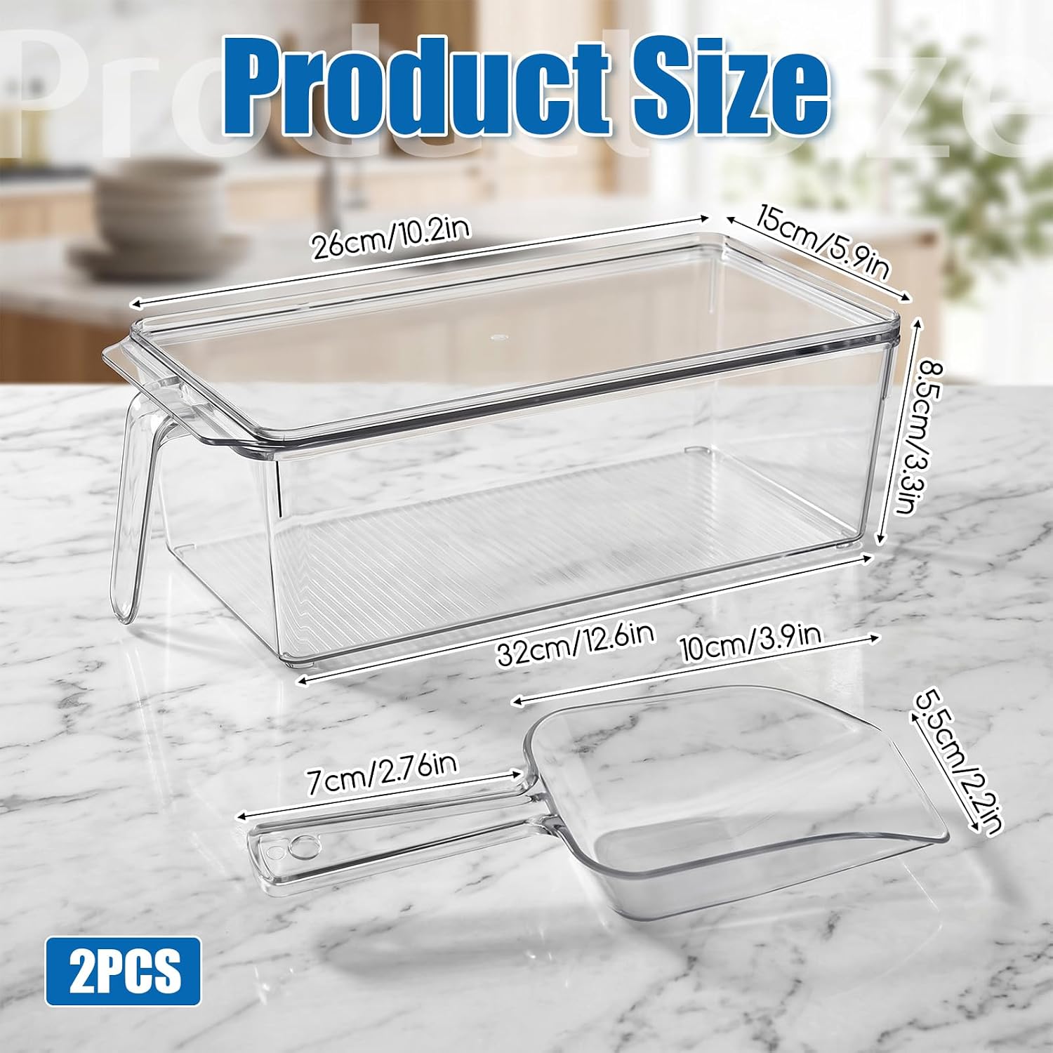 2 Set Ice Bin for Freezer with Lid and 2 Bucket Scoop Set Plastic Ice Container with Lid Pull-Out Handle for Home Office Fridge Kitchen Storage (11.81 x 5.91 x 5.51 Inches, Clear)