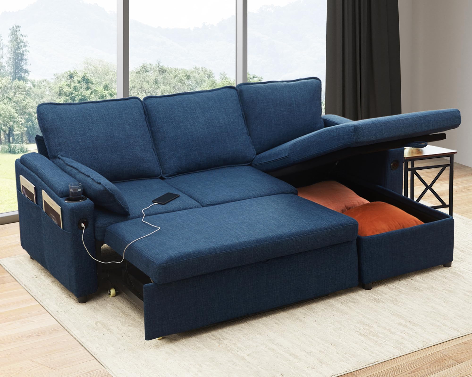 DURASPACE Sofa Bed Sleeper Pull Out 2 in 1 Sectional Sleeper Sofa Couches with Storage,USB, Cup Holder,Pullout Sectional Couches for Apartment Living Room (Blue)