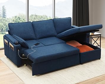 DURASPACE L Shaped Sofa Corner Sofa Bed Convertible Couch Sleeper With Storage,2 USB, Cup Holder,Pull out Sectional Couches For Living Room Blue