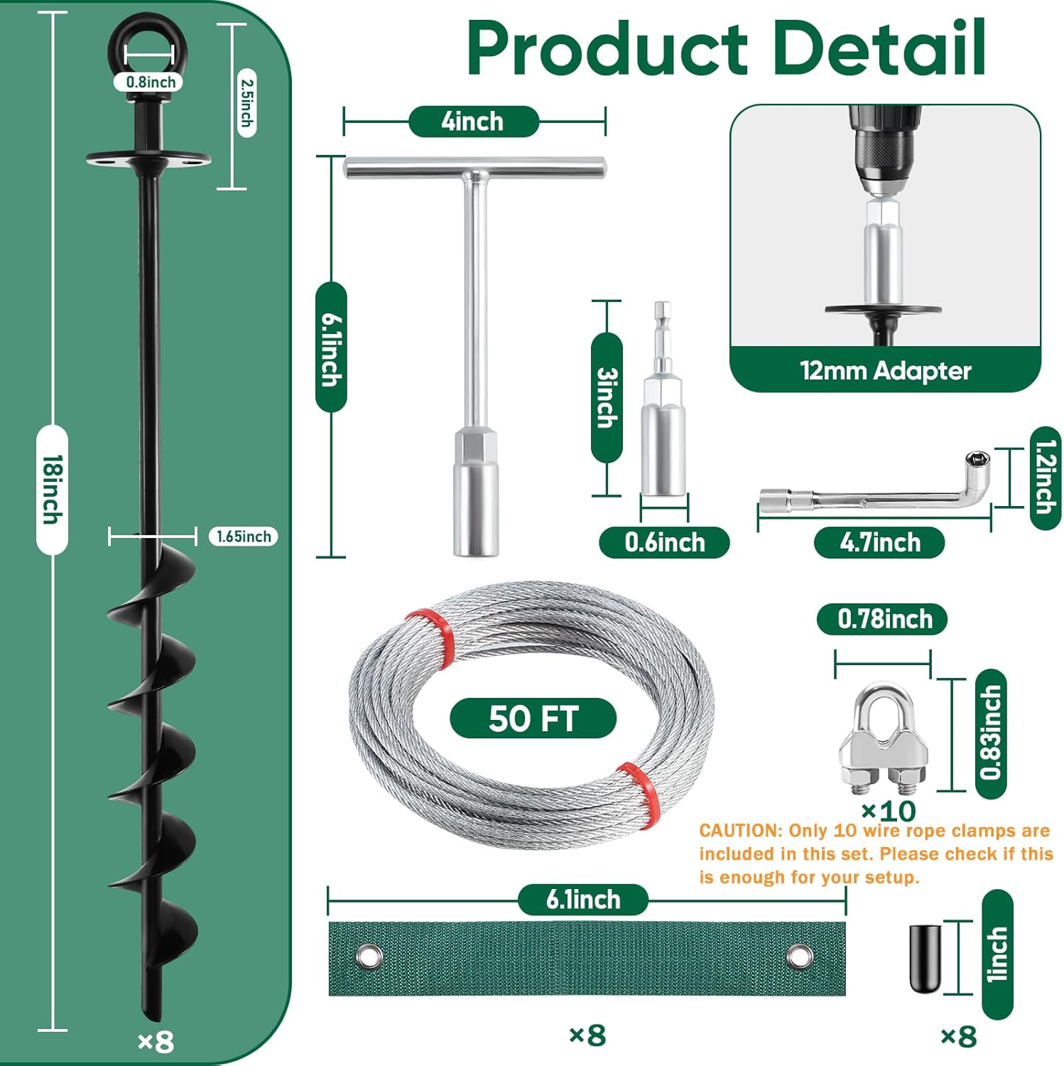 18'' Ground Anchors Screw in Heavy Duty, Shed Anchor Kit with Straps & Steel Cable & Tools, Earth Anchors for Mobile Home, Carports, Swing Set, Tree, Trampoline - Secure Against High Winds(8)