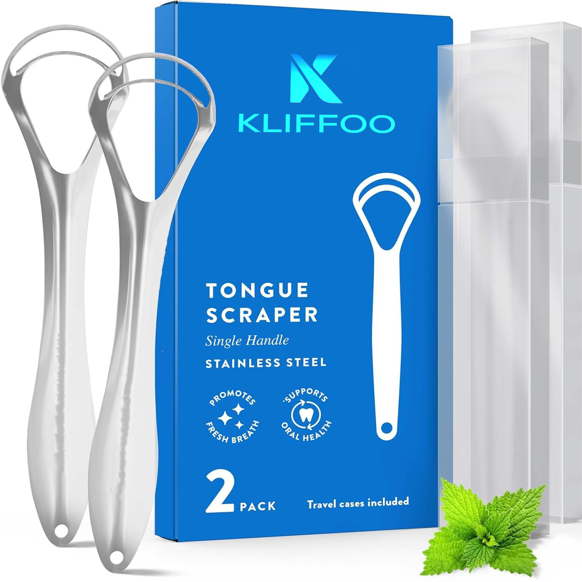 Kliffoo Tongue Cleaner for Adults & Children, 2pcs Dual Scraping Head Tongue Scraper with Case for Hygiene, Fights Bad Breath & Oral Health Care, Deep Clean Tongue Cleaning Tool, Silver (2)