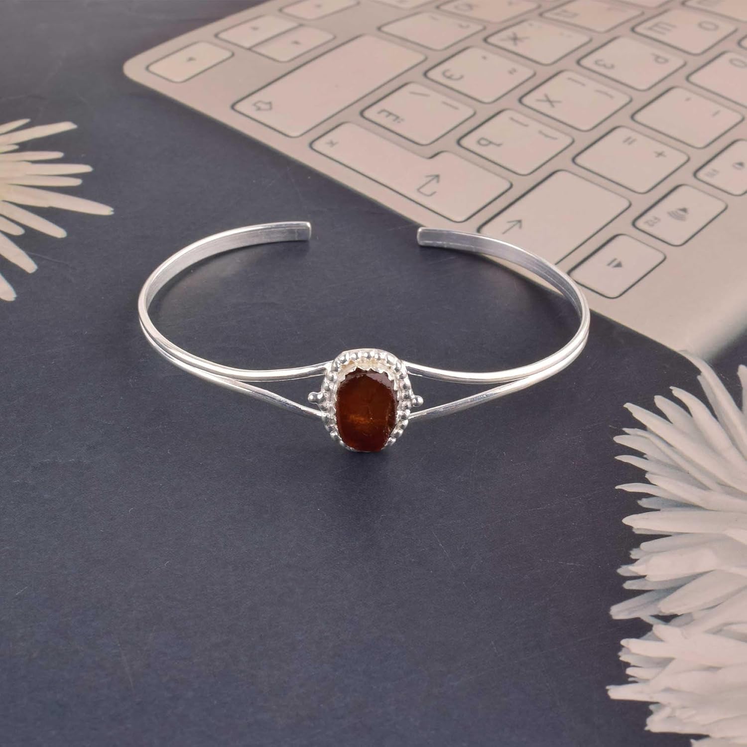 Natural Raw Hessonite Cuff Bracelet, Healing Crystal Cuff Bracelet, Birthstone Bracelet, Bangle Bracelet, Rough Gemstone Bracelet, Jewelry For Woman (hessonite) - Image 3