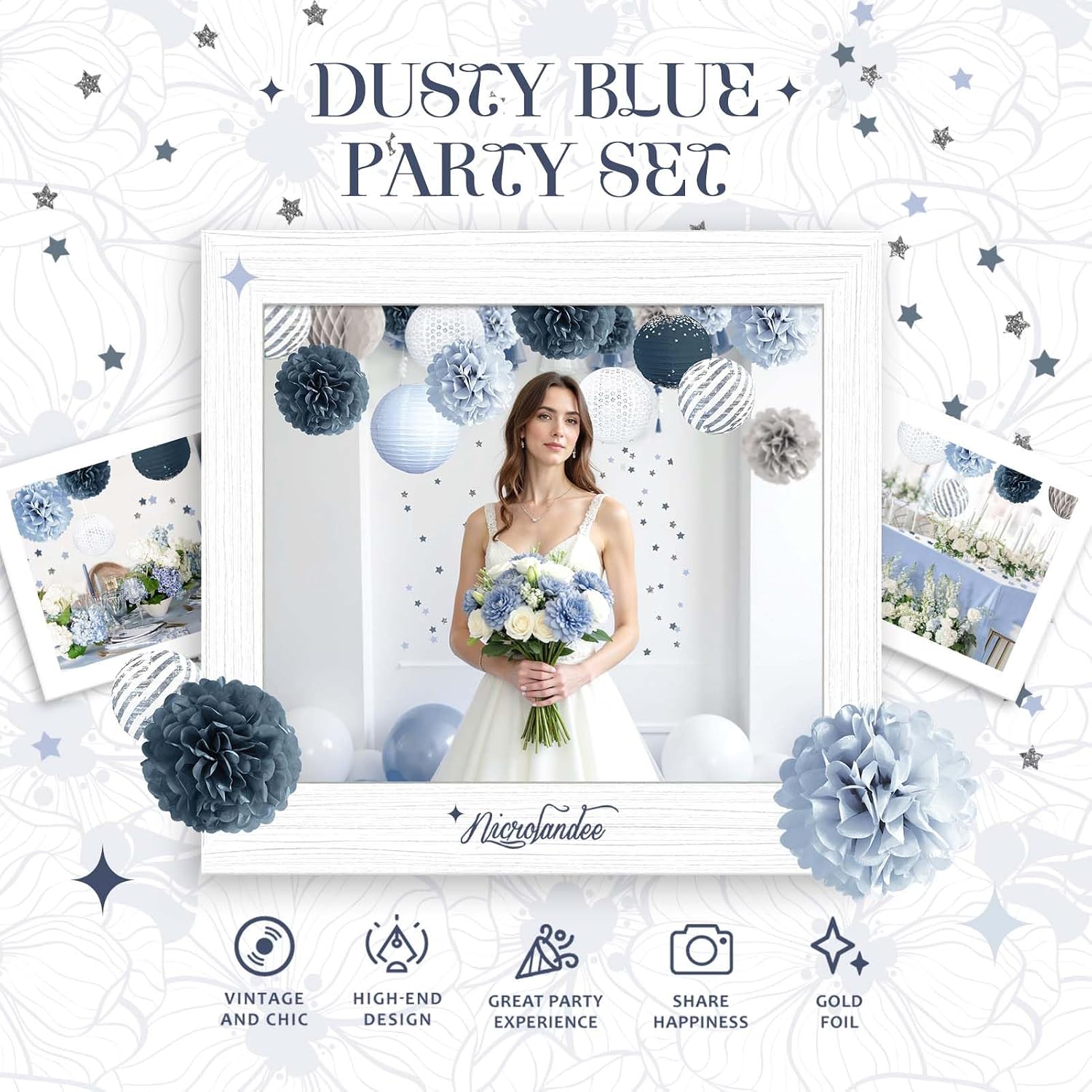 NICROLANDEE Wedding Party Decorations - 12PCS Dusty Blue Tissue Pom Poms Paper Lantern 50G Glitter Confetti Party Supplies for Wedding, Somthing Blue Before I Do Bridal Shower, Baby Shower, Birthday