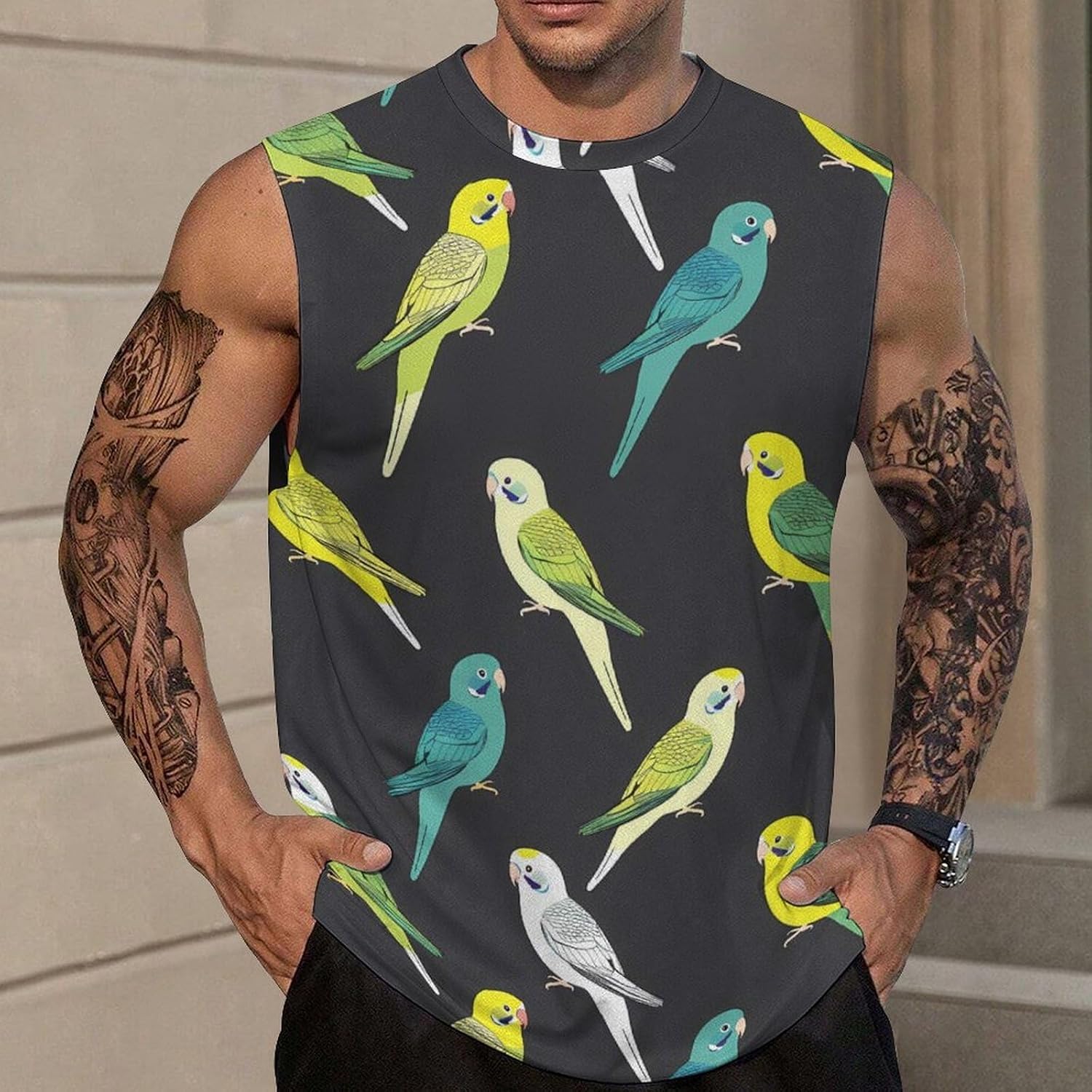 Colorful Parakeet Birds Men Summer Sleeveless Crew Neck Top 5XL