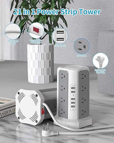 Miniatura 2 de Fararaka - Regleta protectora contra sobretensiones con puertos USB, torre de regleta de alimentación de 10 pies con 16 tomas de corriente y 5