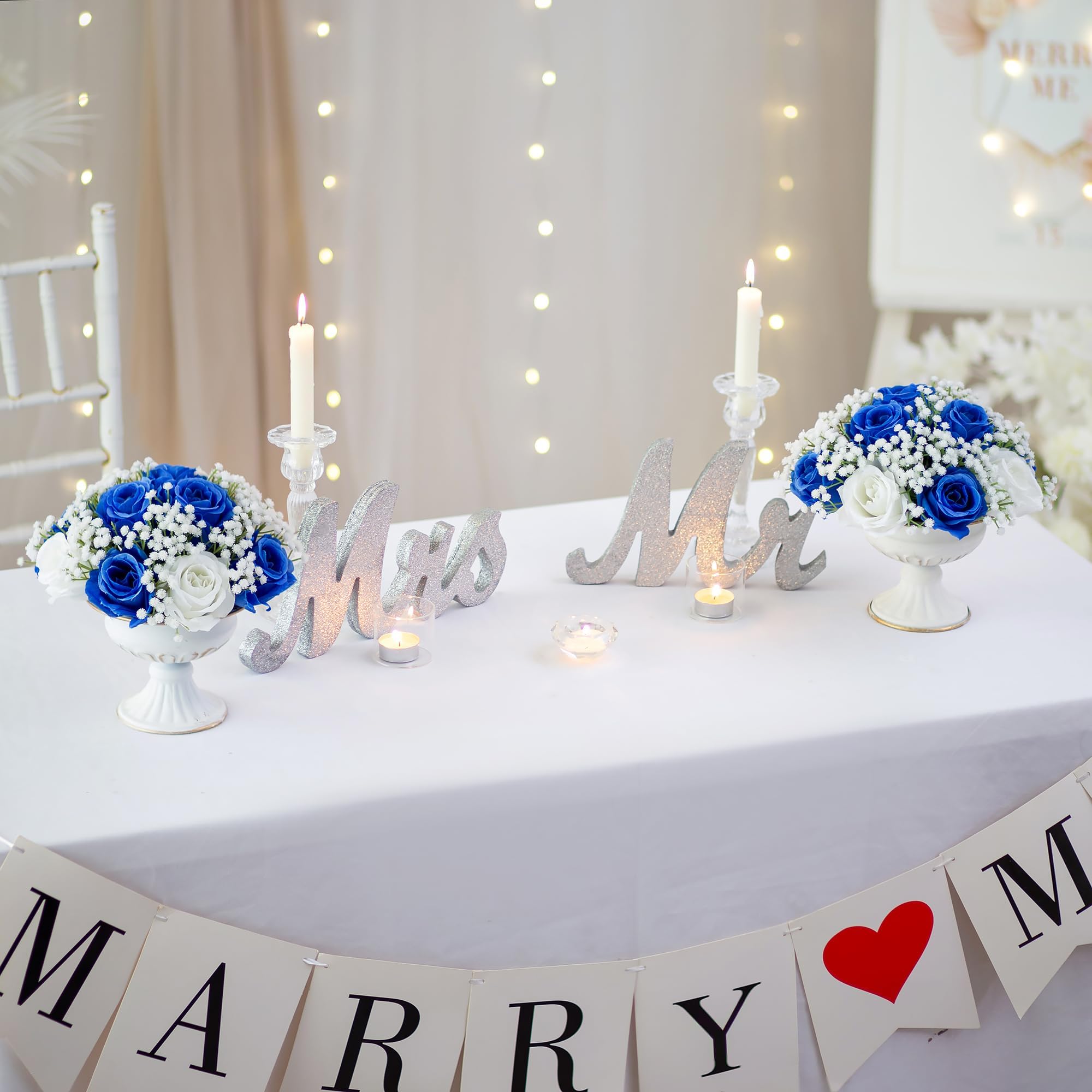 BLOSMON Rose Boule Fleur Artificielle Table 2 Pièces Bleu Roses Fleurs Gypsophiles Bouquet Artificielles pour Decoration Mariage Chemin de Table Fausse Flowers pour Deco Maison Salon Anniversaire