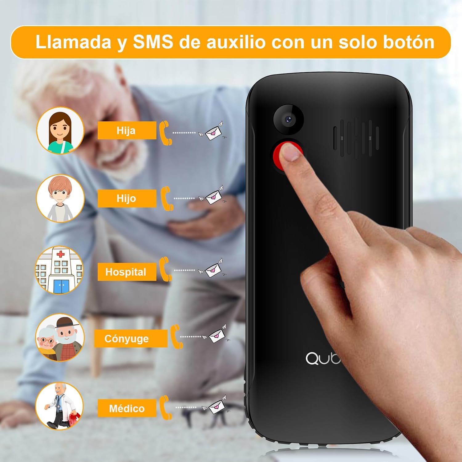 Back of Qubo X232 phone with a finger pressing the red SOS button