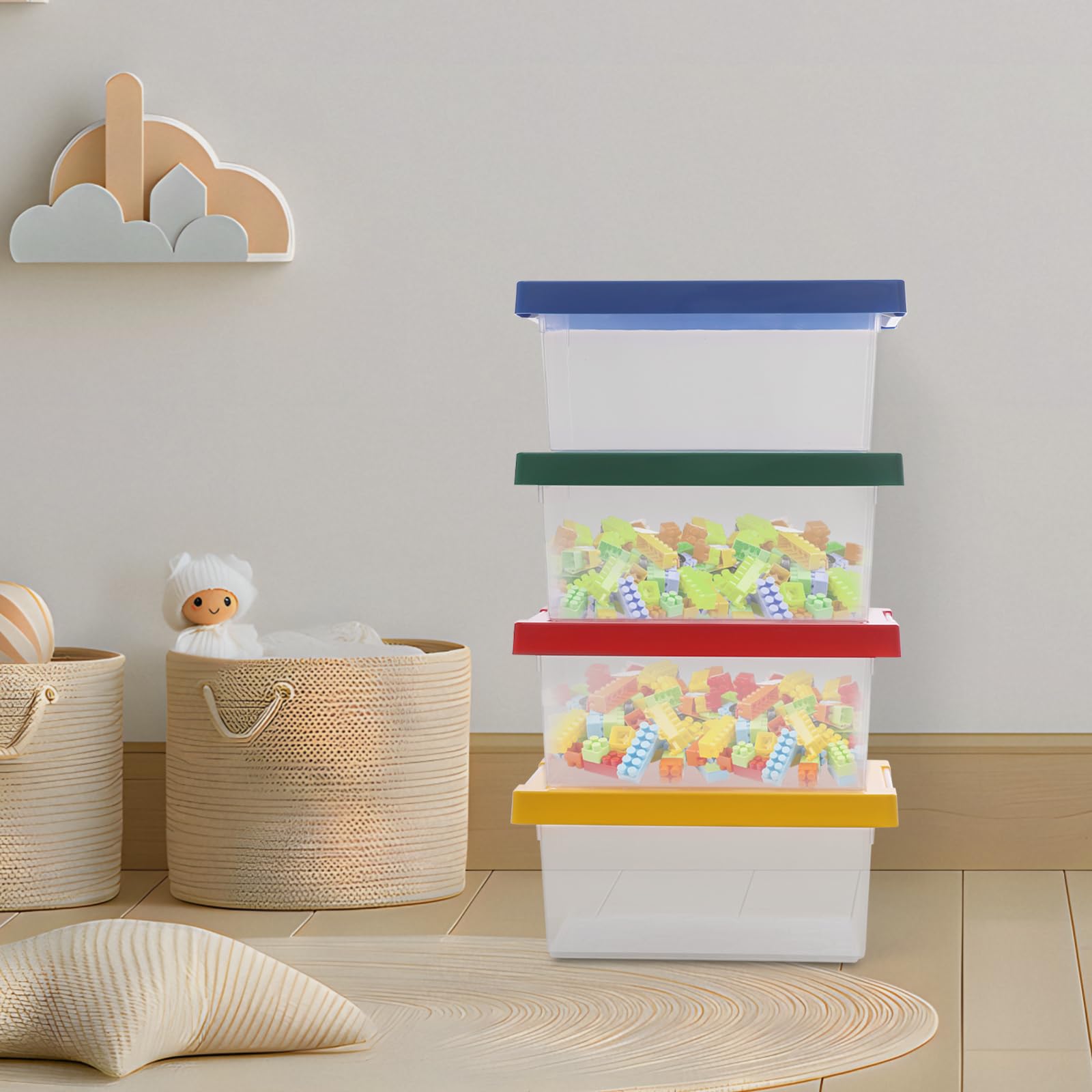 4 pezzi di mattoncini da costruzione con coperchio, impilabile, scatola per giocattoli in plastica, scatole di assortimento per giocattoli