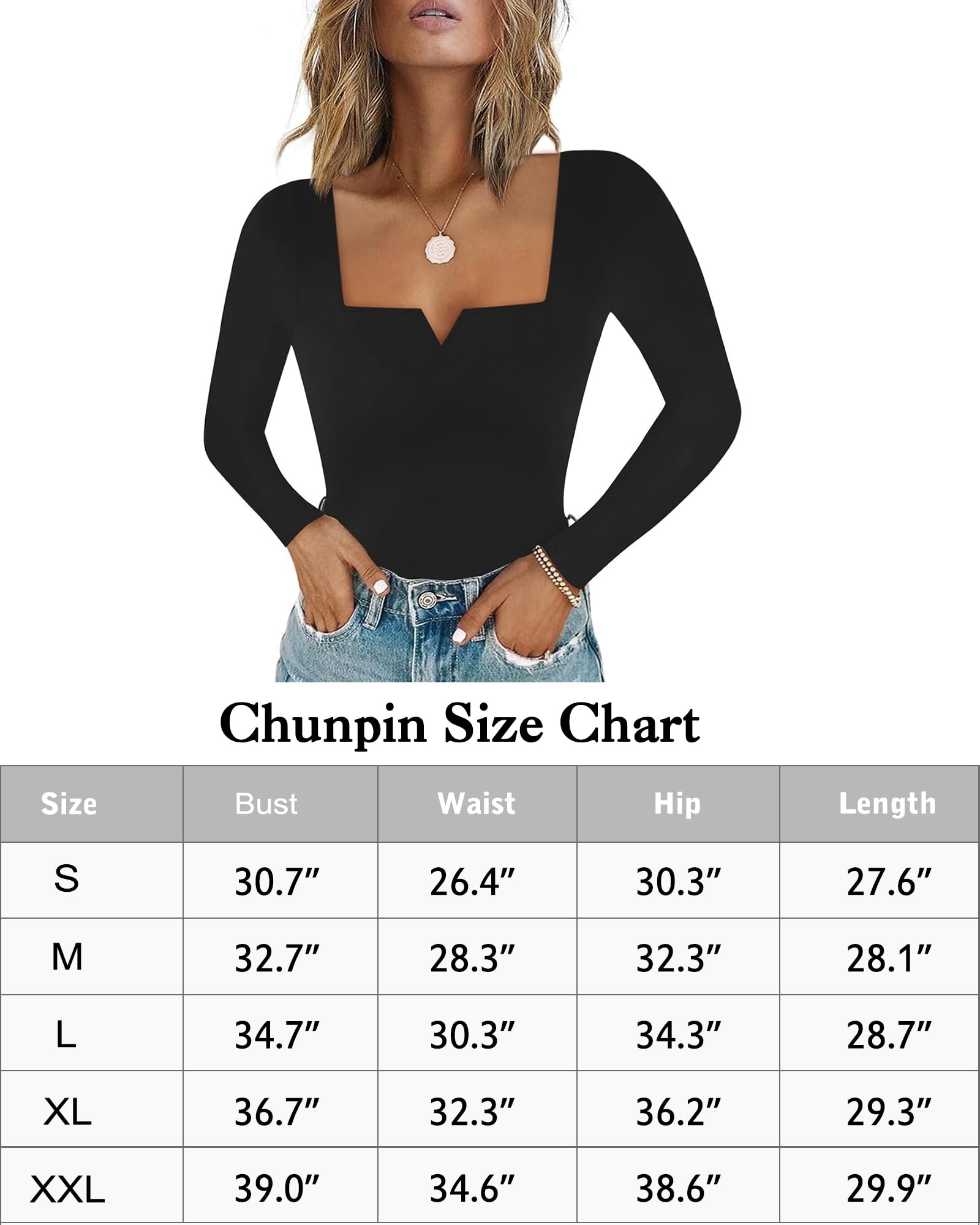 Chunpin Body de manga larga para mujer, cuello cuadrado, cuello en V, doble forro, para salir, tanga