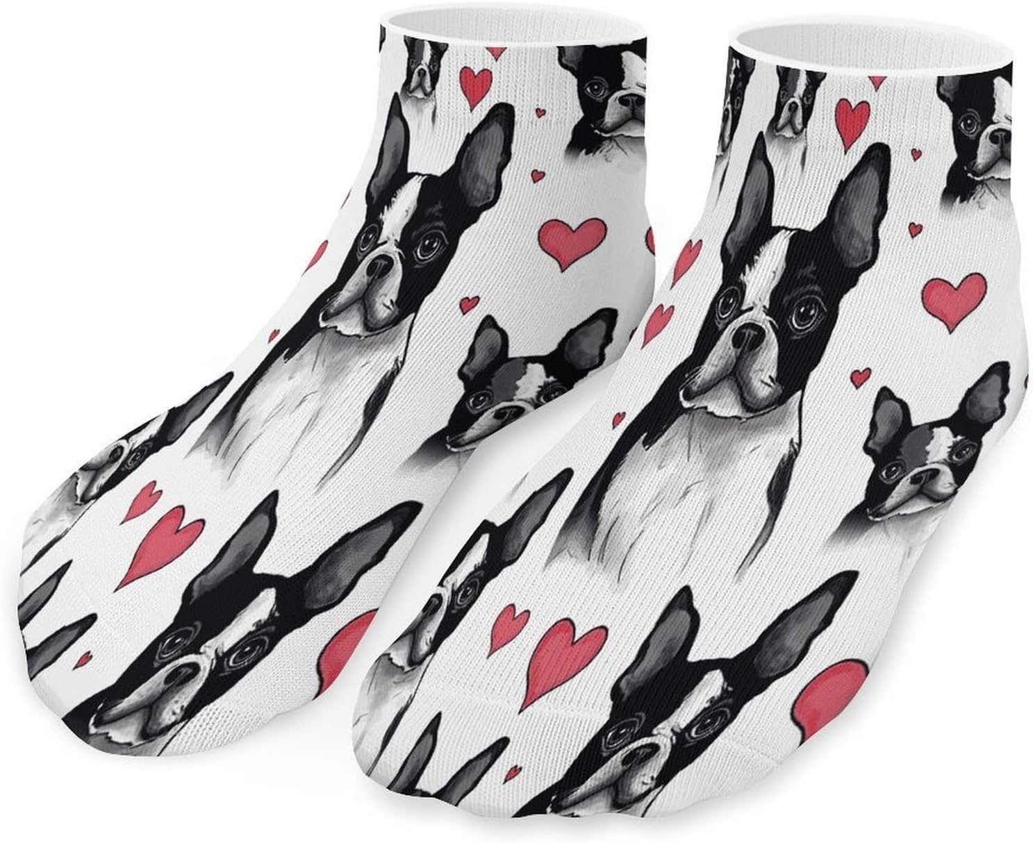 Boston Terrier Red Heart Dog Ankle Socks for Men Women 5 Pairs | Comfortable Casual Low Cut Socks, Lightweight No Show Breathable Athletic Socks, Soft Mini Crew Socks for All Seasons