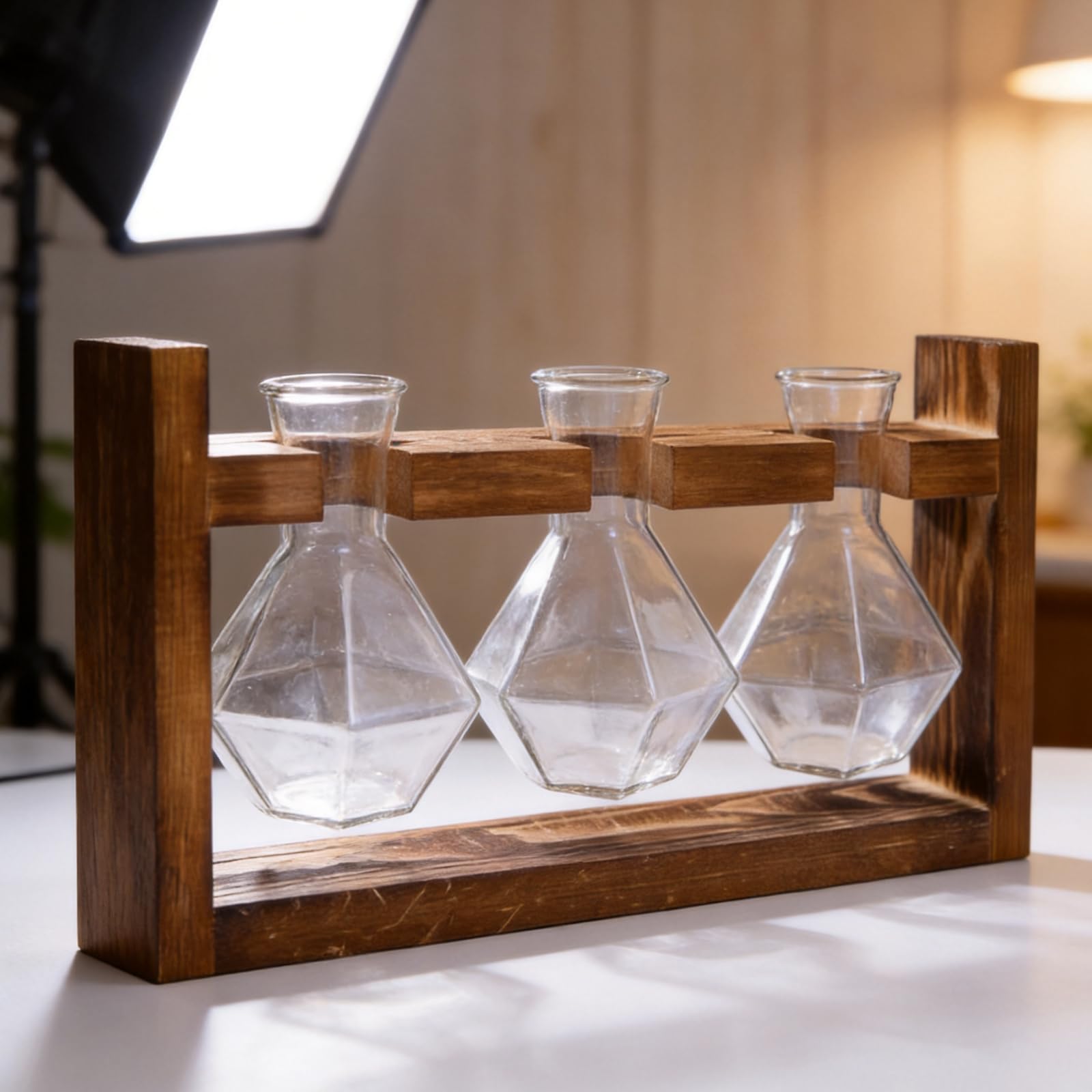 Ensemble de vases Porte-Plantes de Table, Bouteilles en Verre avec Cadre en Bois, présentoir de Petites Fleurs, décoration intérieure, Station de Propagation, Trio de vases à bourgeons, Porte-Plantes