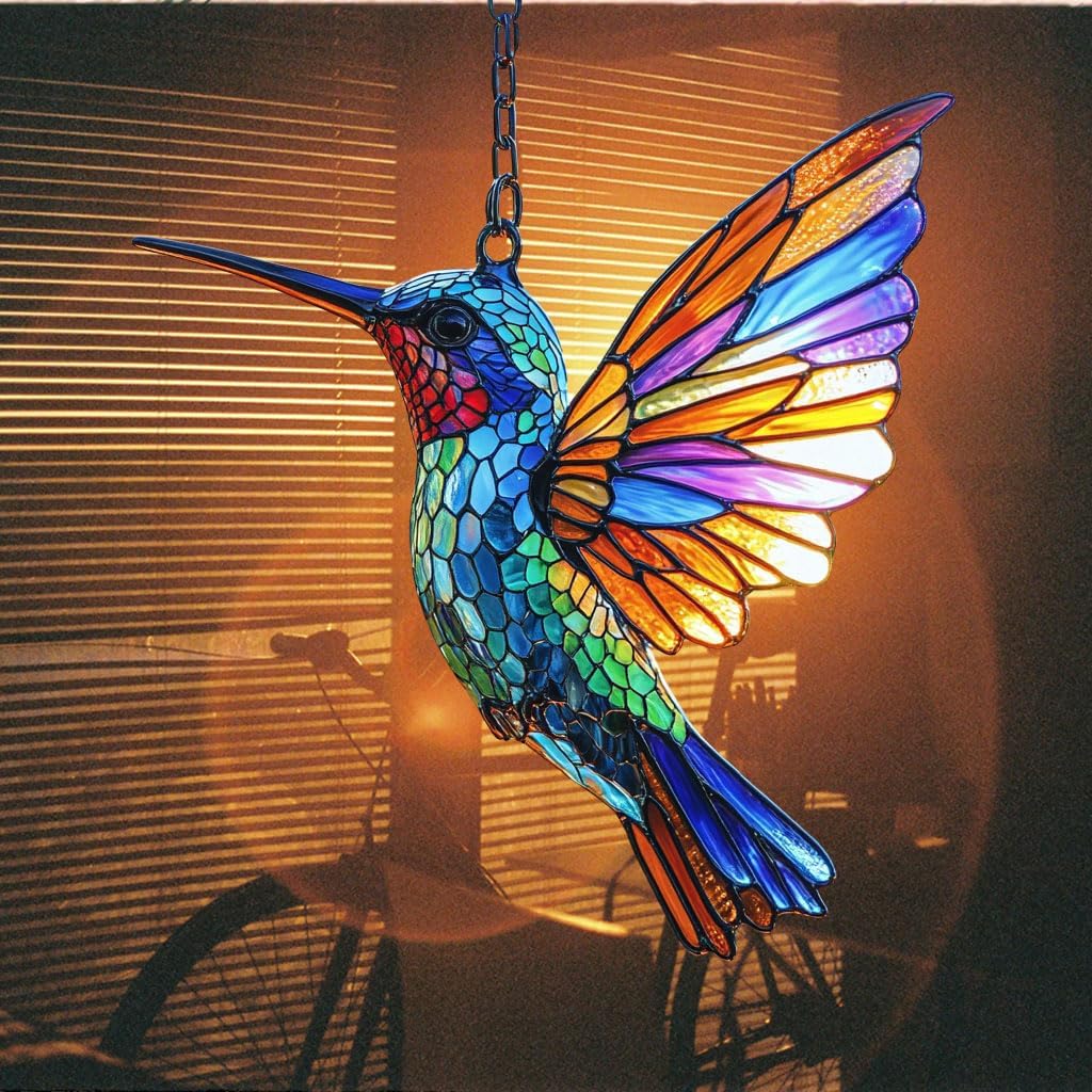 Colorful Hummingbird Acrylic Suncatcher Stained Glass Effect Window Car Hanging Christmas Ornament Indoor Outdoor Decor Garden Sun Catcher Panel for Hummingbird Lover for Women Mom Grandma
