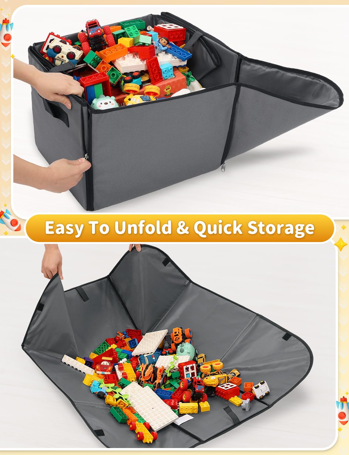 YOHOOLYO 2 In 1 Toy Storage Play Mat, Storage Box for Kids Children Space Adventures Design,Nursery, Playroom, Basket for Building Bricks Blocks Collapsible Cube Bin, 15