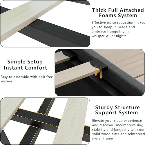 Miniatura 39 de Loomie Base de cama King con estación de carga y luces LED, cama tapizada con cabecera de almacenamiento copetuda con botones, almacenamiento Gris