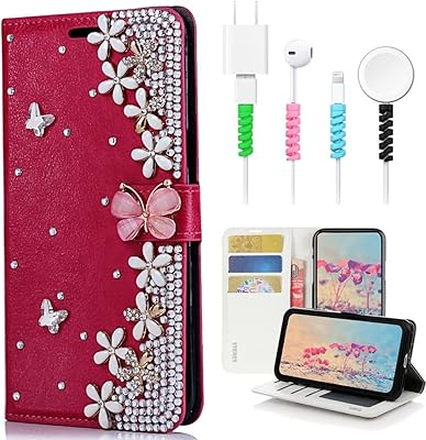 STENES Bling Wallet Case Compatible with Samsung Galaxy S10 6.1 Inch - Stylish - 3D Handmade Flowers Floral Butterfly Design Leather Case with Wrist Strap & Cable Protector [4 Pack] - Red