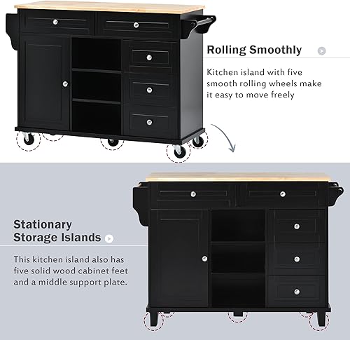 Miniatura 7 de Carrito de isla de cocina con ruedas con 5 cajones, una puerta y estantes abiertos, armario de almacenamiento móvil rodante sobre ruedas para cocina