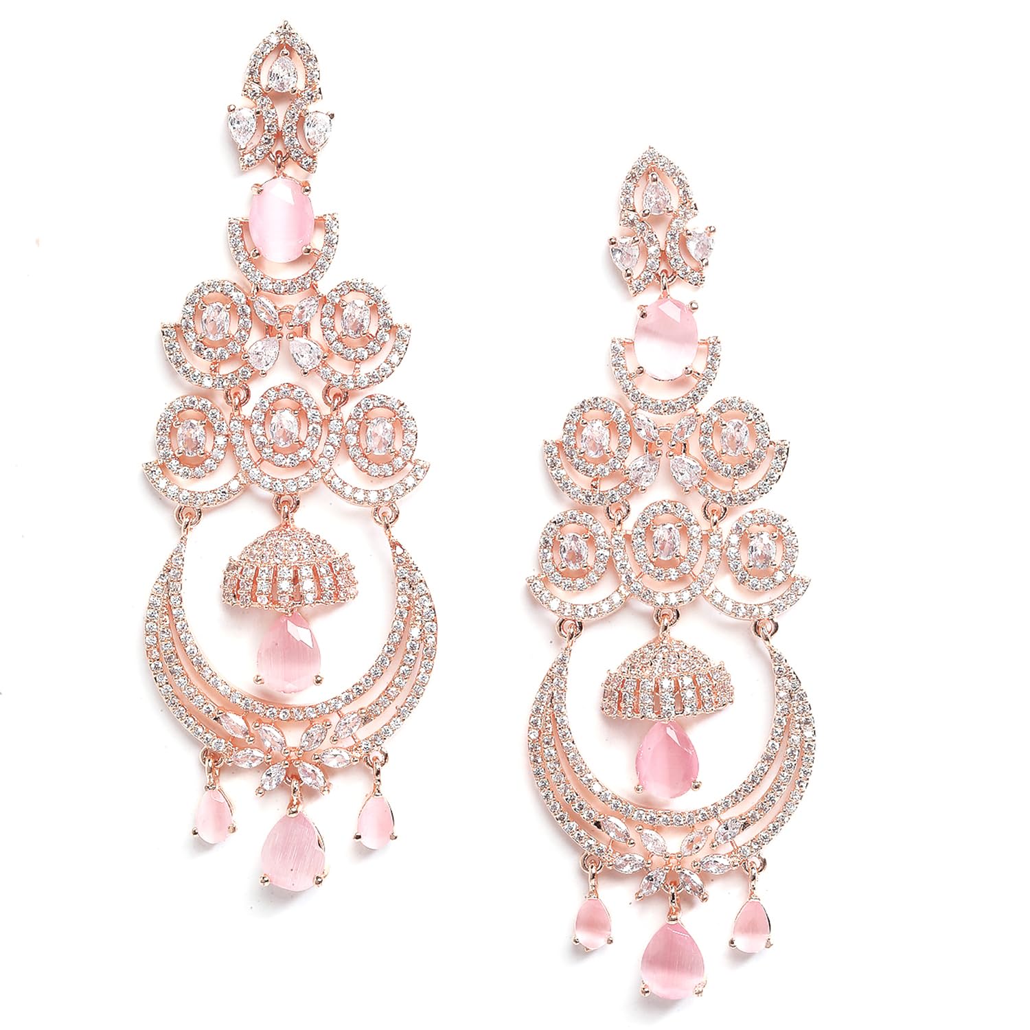 zeneme Rose Gold-Toned Pink American Diamond Chandelier Earrings for Women & Girls Long Drop Earring Jewellery-picture-30