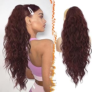 باروكة مجعدة مموجة بمظهر طبيعي بتسريحة ذيل الحصان لكامل الرأس بلون طبيعي للنساء والفتيات 60 سم -jw-247-99J - أحمر نبيذي