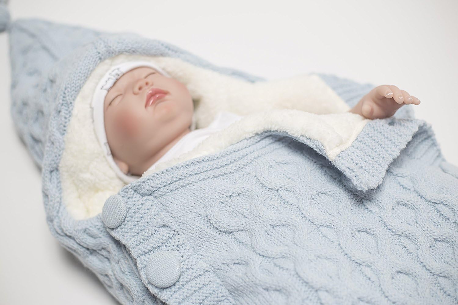 Softy Knitted Wool Newborn Blended Baby Sleep Wrap Swaddle Blanket with Button - 0-12 Months - Blue