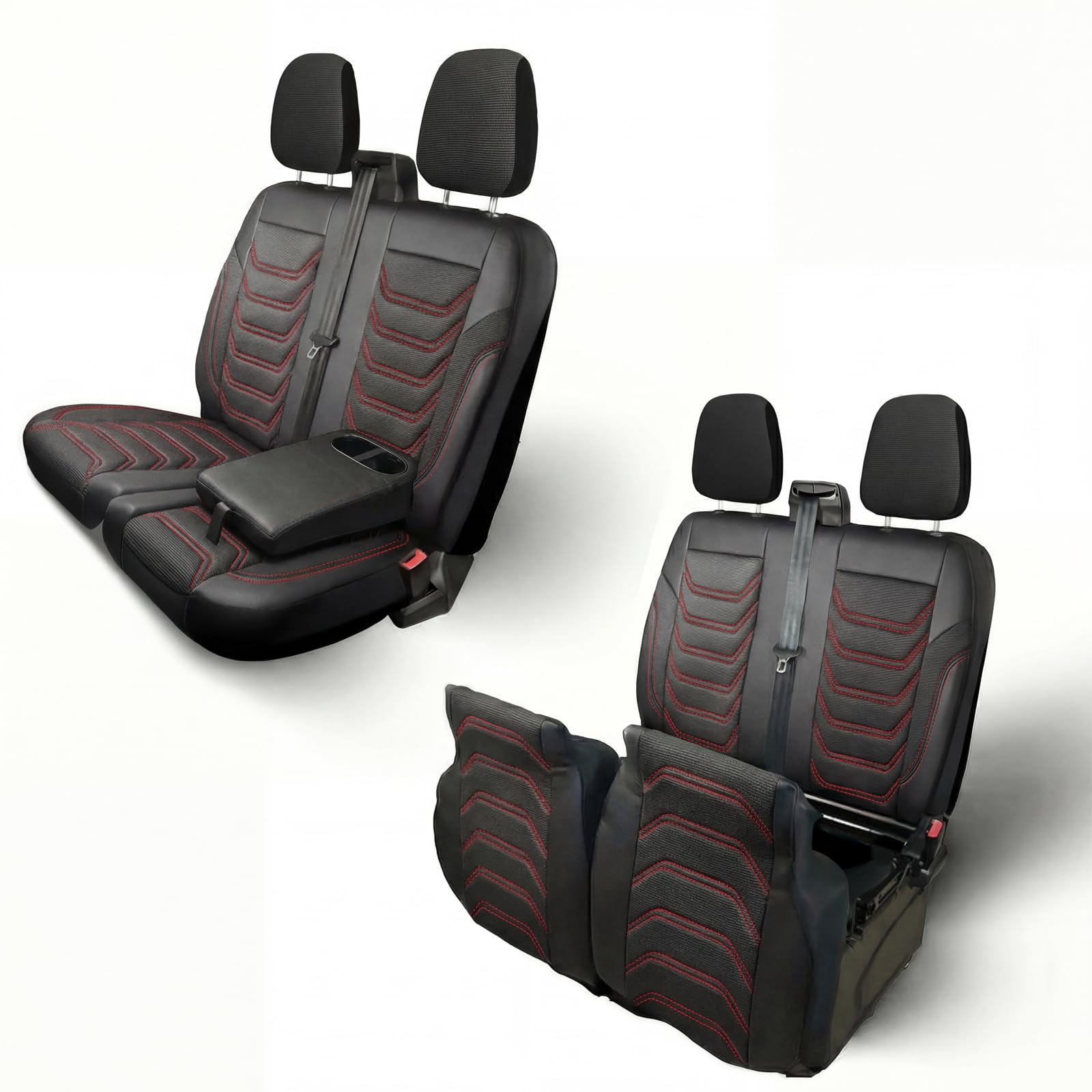 Autositzbezüge 2+1 für Ford Transit Custom 2015-2023 - Premium Vordersitze Auto Sitzbezug aus Piqué-Stoff, Schwarz-Rot - Vordersitz-Set (rechter Beifahrersitz geteilt)