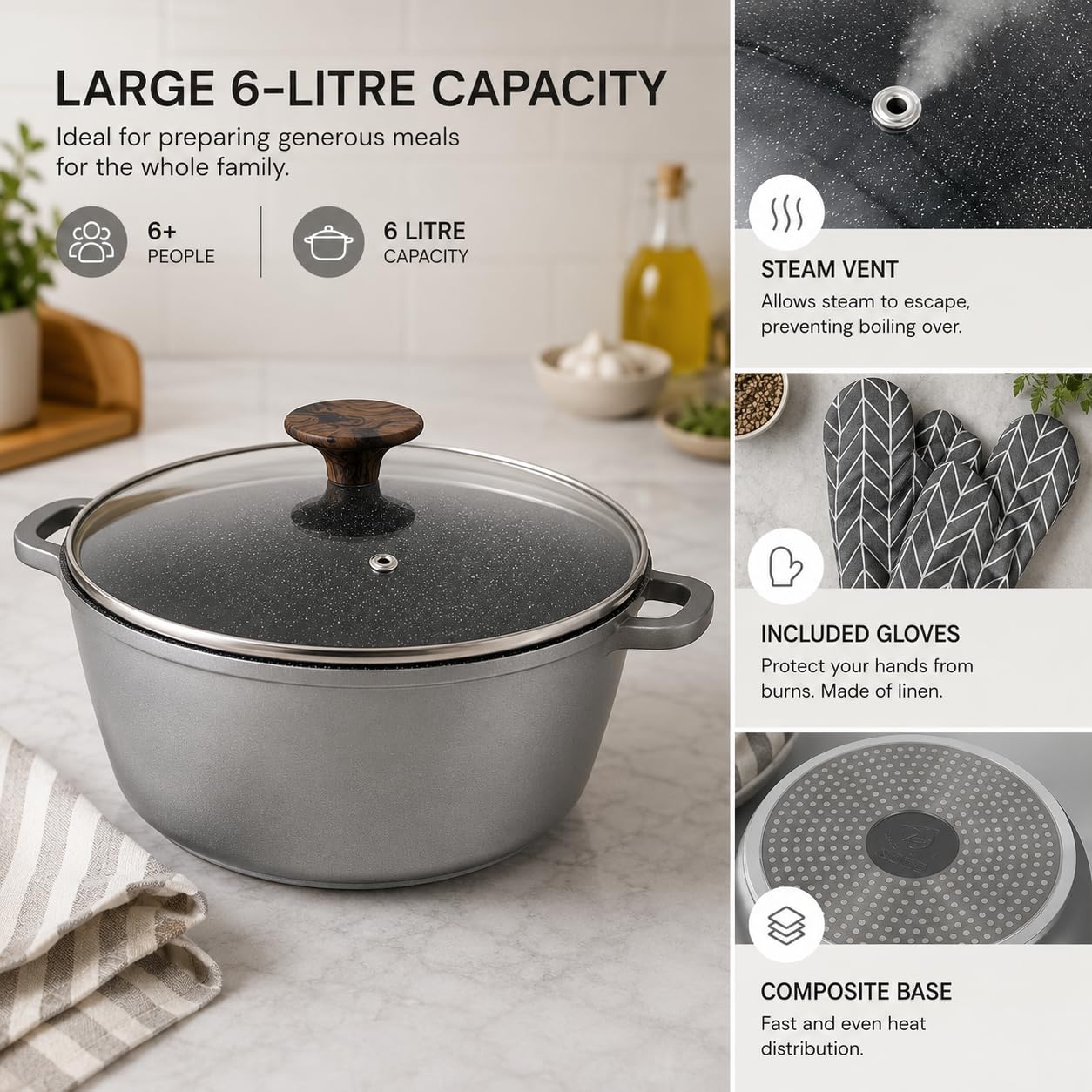Royal Swiss - Olla (28 cm, 6 L, color gris oscuro, aluminio con revestimiento de mármol, antiadherente, tapa de cristal, inducción para todos los fuegos, compatible con horno con guantes de cocina