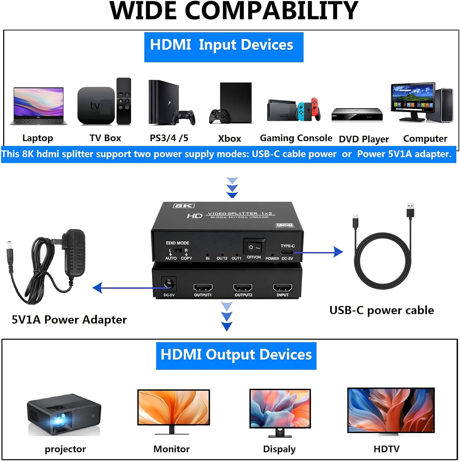 8K hdmi Splitter 1 in 2 Out, 1x2 hdmi 2.1 Splitter 8K@60Hz 4K@120Hz,48 Gbps,EDID,Auto Down Scaler,HDCP 2.3,VRR,HDR10+,3D,Only Duplication/Mirror Screens (Not Extend) for PS5, Xbox, HDTV, Laptop