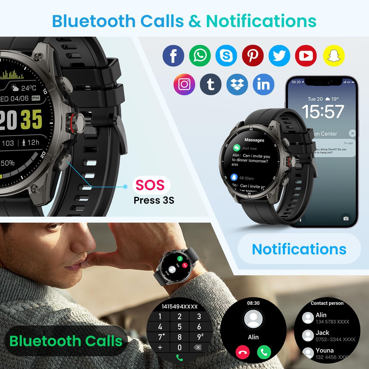 Smartwatch for Men GPS Sports Watch, 1.43" AMOLED Display, 5ATM Waterproof Metal Military Smart Watches, Fitness Activity Tracker with Compass Pedometer Sleep/Heart Rate Monitor for Android iOS Black