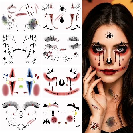Halloween Face Temporary Tattoos Stickers Women Makeup Decals 8 Sheets