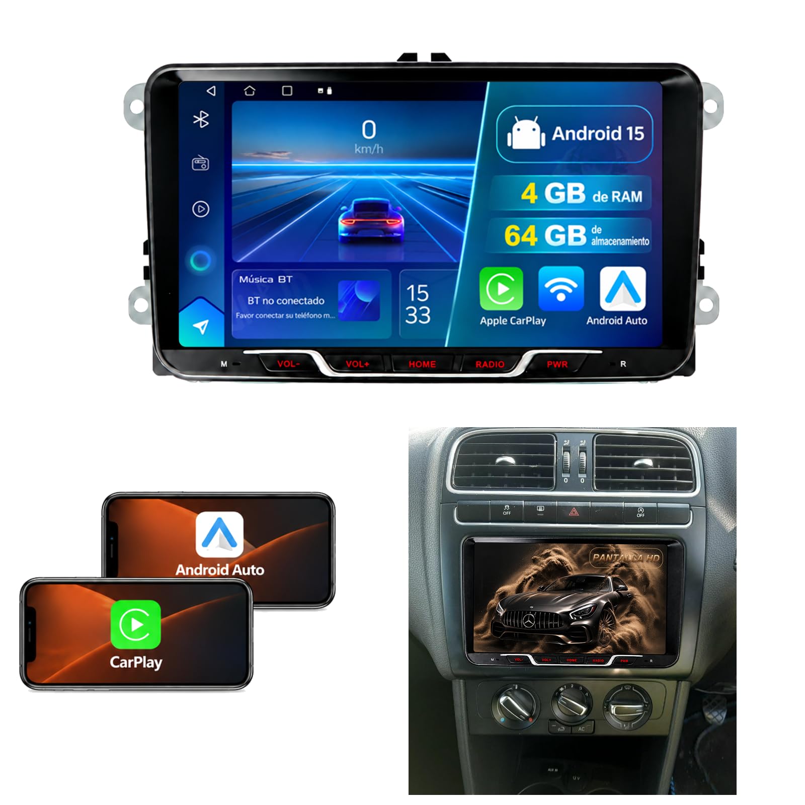 Radio Android 15 para VW Polo V 5 2009-2017, 9 Pulgadas 2 DIN, 4+64 GB