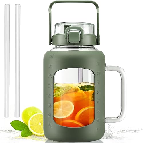 Botella de agua de vidrio de 64 onzas, vasos de vidrio con popote y asa, taza con funda de silicona, botella de agua de medio galón de boca ancha