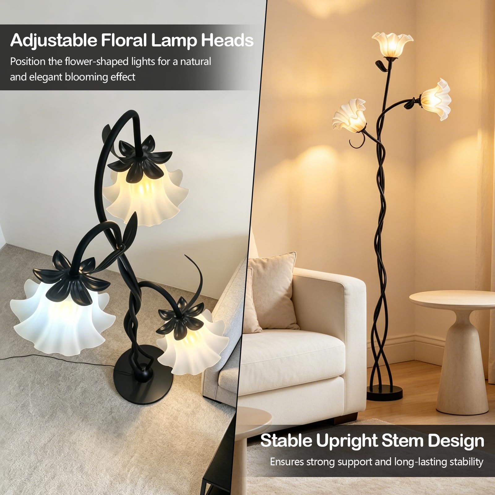 Blumen Stehlampe 157 cm mit Schwanenhals, Spirale & 3 Rosenköpfen