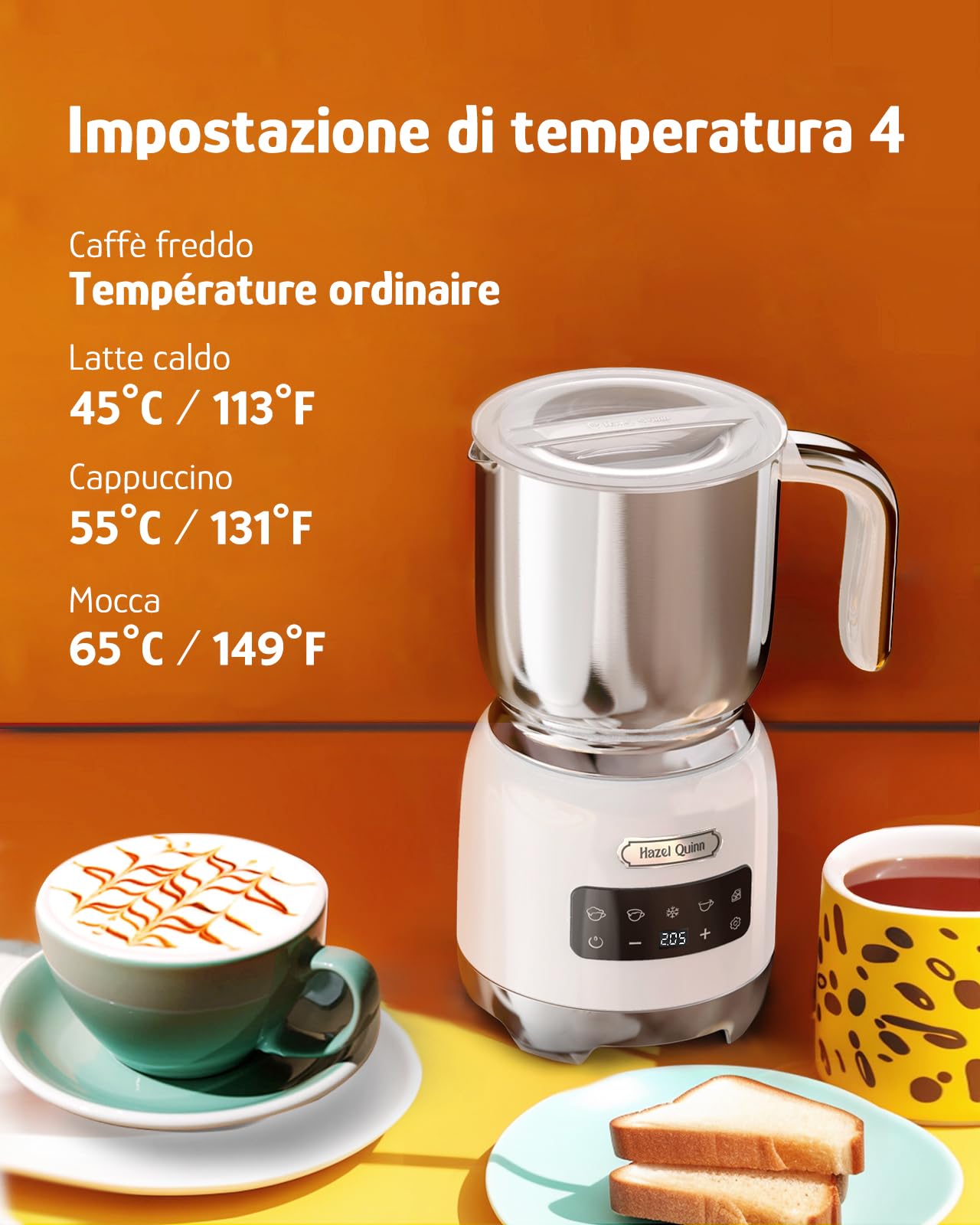 Hazel Quinn Montalatte Elettrico 5 in 1 per Cappuccino, Acciaio Inox 304 e LED Touchscreen, Schiuma Latte Elettrico da 400 ML, Schiumatura a Caldo e a Freddo, Lavabile in Lavastoviglie, Bianco