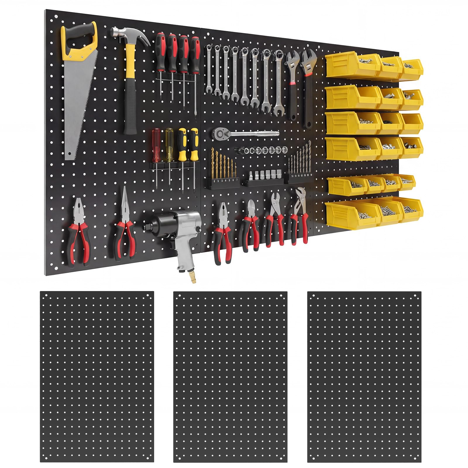 3 pannelli forati in metallo da 61 x 40 cm, pannelli forati resistenti con ganci, pannelli organizzativi in acciaio per riporre attrezzi da giardino, pareti, casa, ufficio, nero