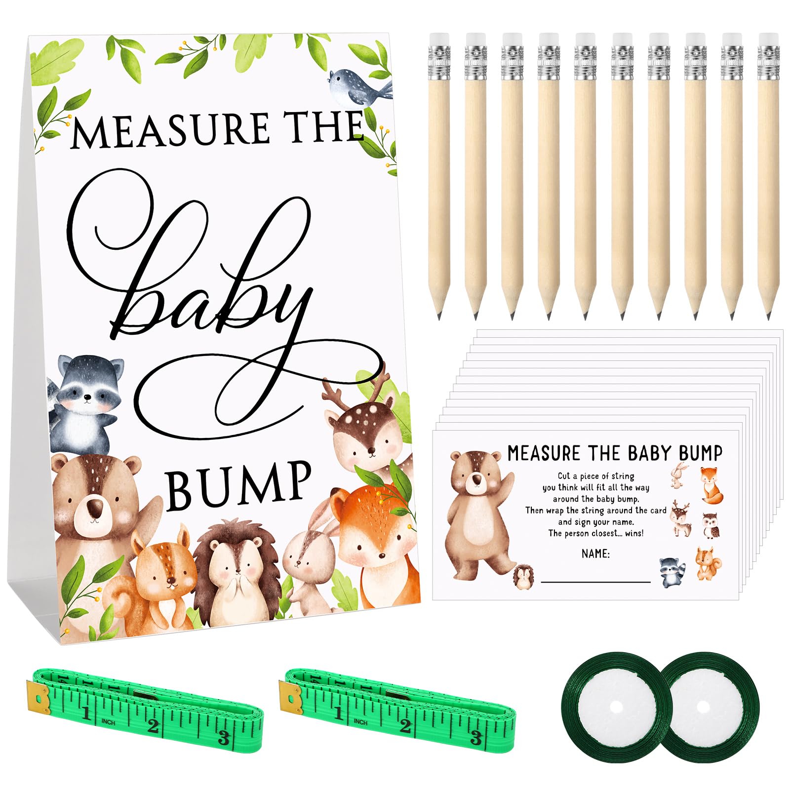 Fumete 65 Pcs Baby Shower Game Set Include Measure the Baby Bump Sign 50 Guessing Cards 10 Pencils 2 Measuring Tapes and 2 Yellow Ribbon for Gender Reveal Party Game(Woodland Animal)
