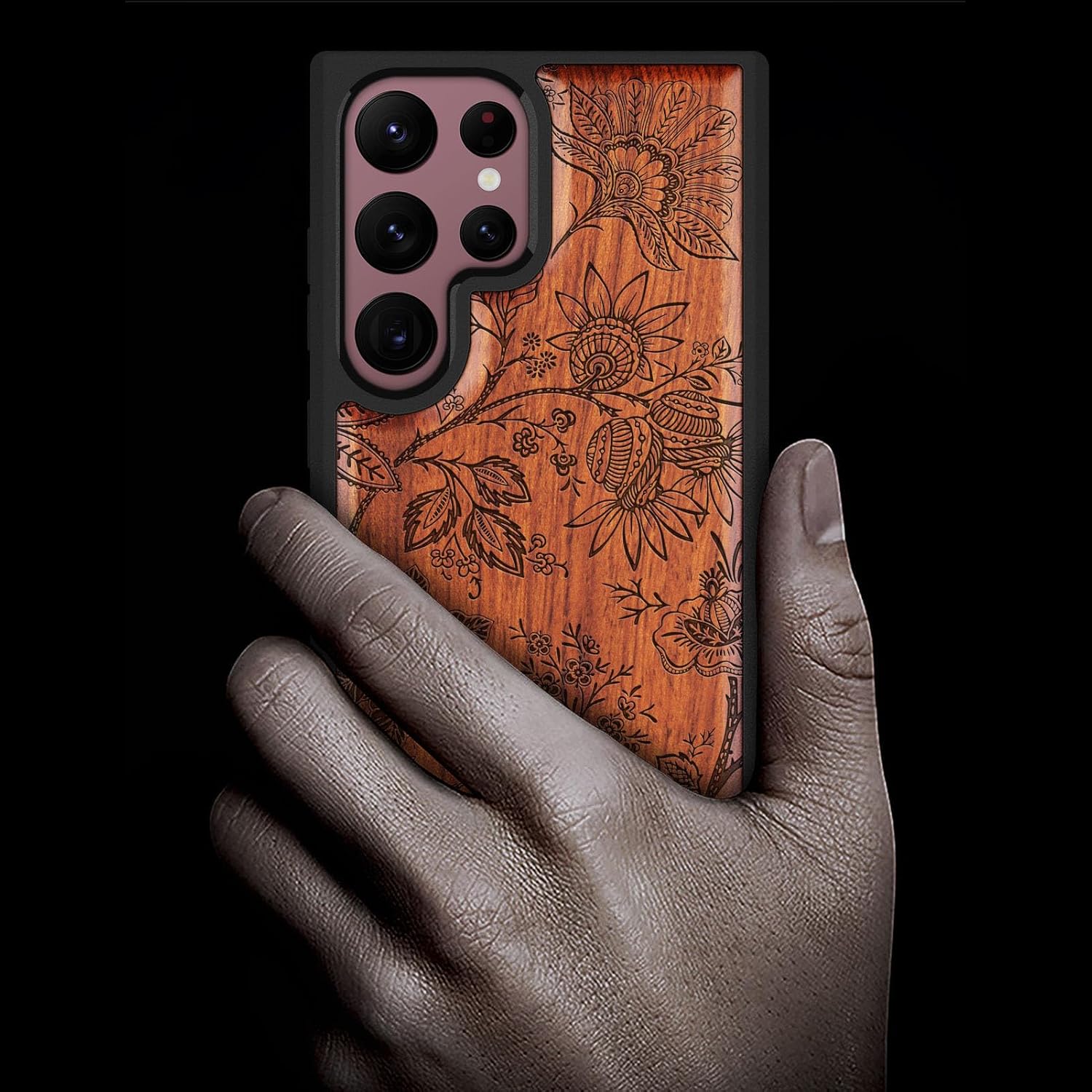 Carveit Wood Case for Galaxy S22 Ultra Case [Natural Wood & Black Soft TPU] Shockproof Protective Cover Unique Wooden Design Compatible with Samsung S22 Ultra (Floral Wallpaper-Rosy)