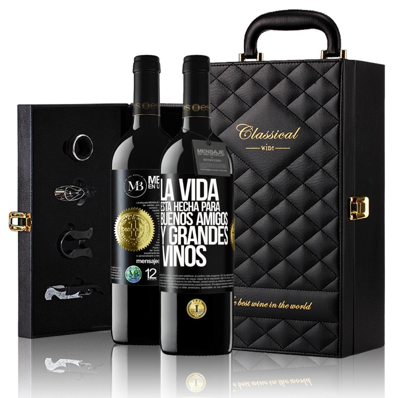 «La vida está hecha para buenos amigos y grandes vinos» Mensaje en una Botella. Estuche-Maletín de LUJO 2x Vino Tinto Premium Reserva 12 Meses y Set de 4 Accesorios. Etiqueta Negra PERSONALIZABLE