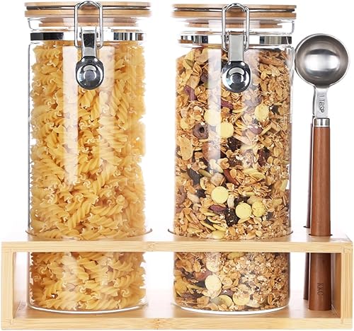 KKC - Recipientes herméticos de vidrio altos para café y azúcar con tapas con bisagras y cucharas para encimera de cocina, recipientes de vidrio