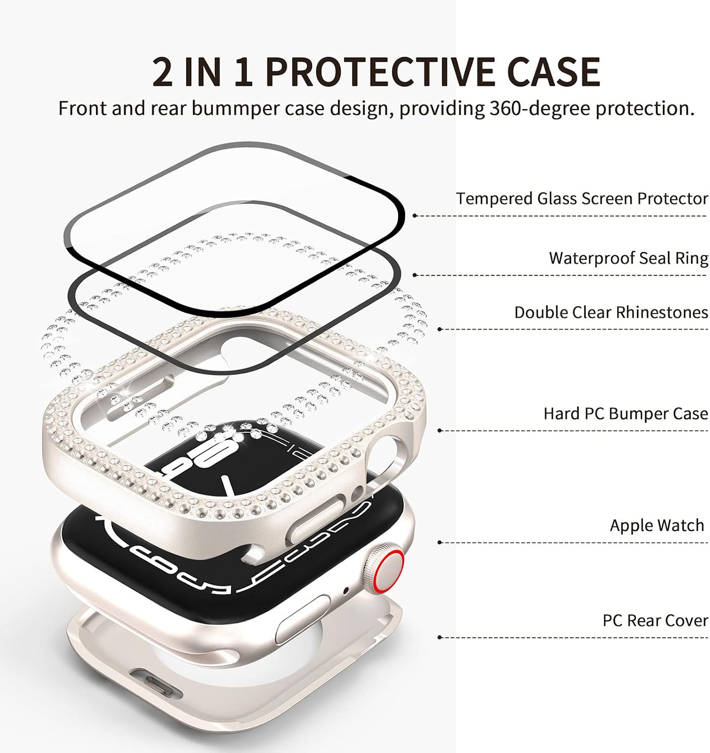 2 in 1 Waterproof Bling Case Compatible for Apple Watch 41mm Screen Protector Series 9/8/7, Women Glitter Diamond Rhinestone Bumper Face Cover for iWatch Accessories, Starlight image 2
