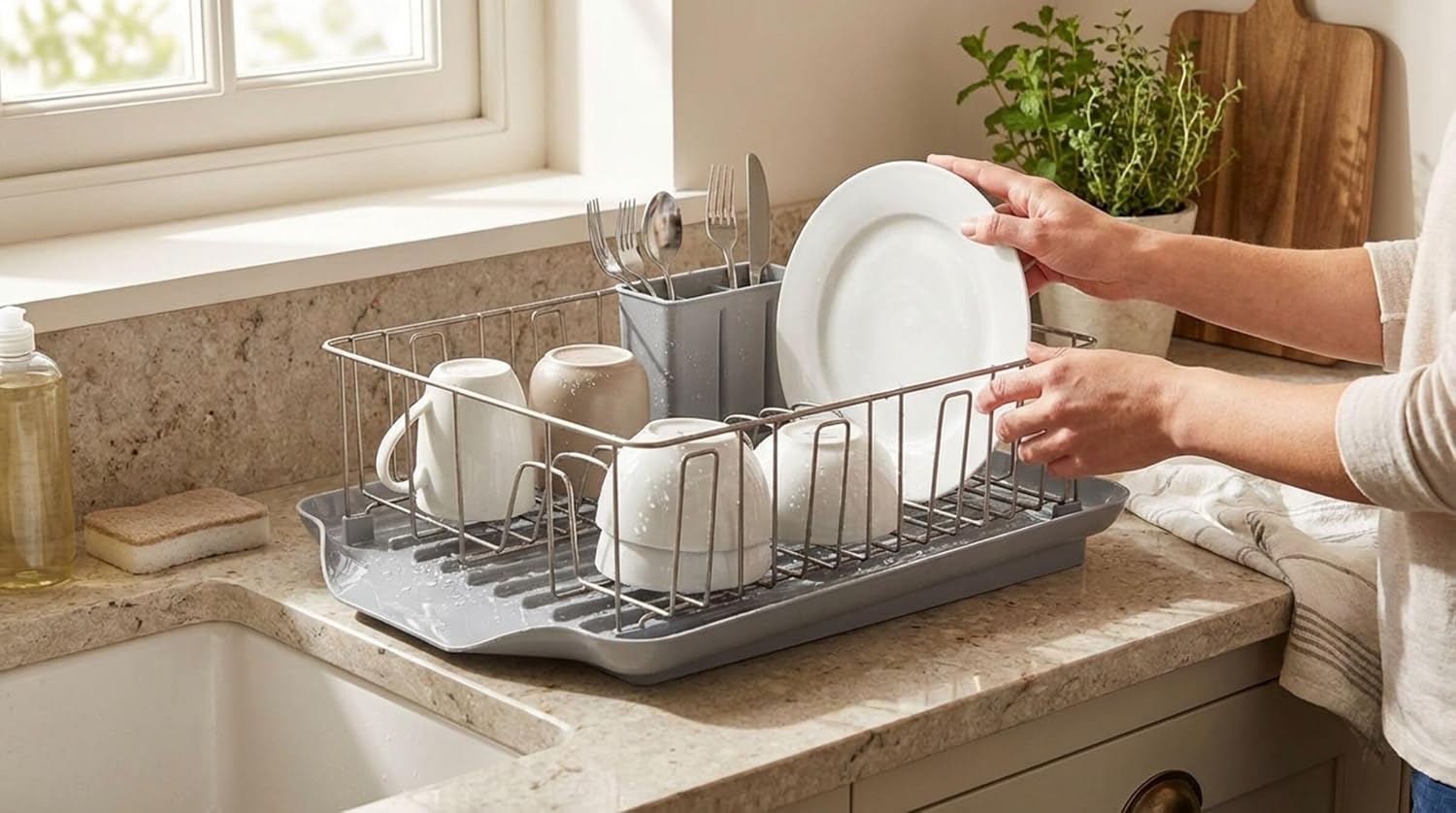Farberware Classic 3-Piece Dish Drying Rack Set for Kitchen Counter, Gray - Rust-Resistant Wires, Self-Draining Board, Flatware Caddy, Non-Slip Feet