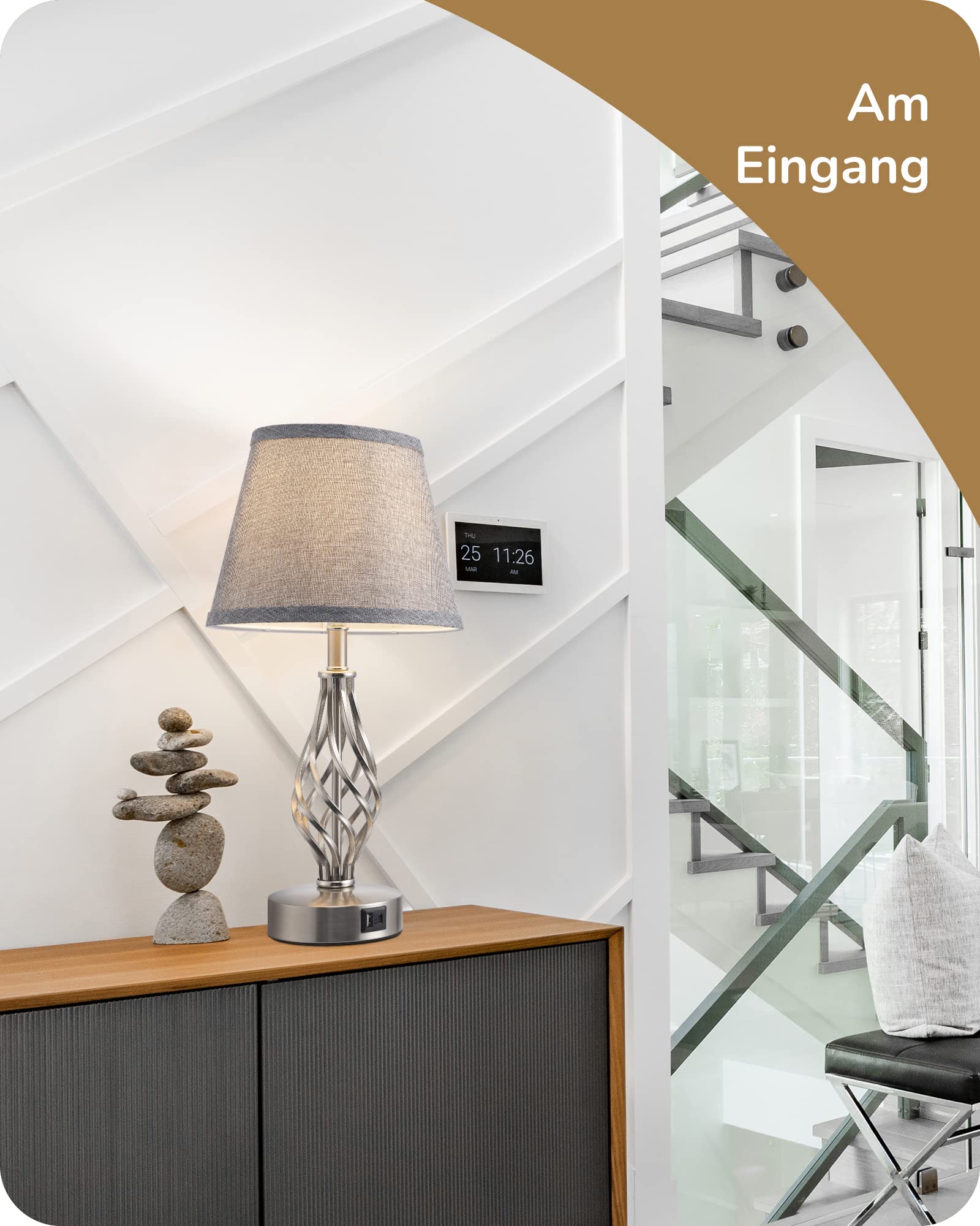 EDISHINE LED Nachttischlampe Touch Dimmbar 2er Set, Tischlampe Modern, Lampe mit Ladefunktion, 2 USB Anschlüsse, für Deko Schlafzimmer, Wohnzimmer, Fensterbank, Geschenk, Lampenschirm Leinen, Grau