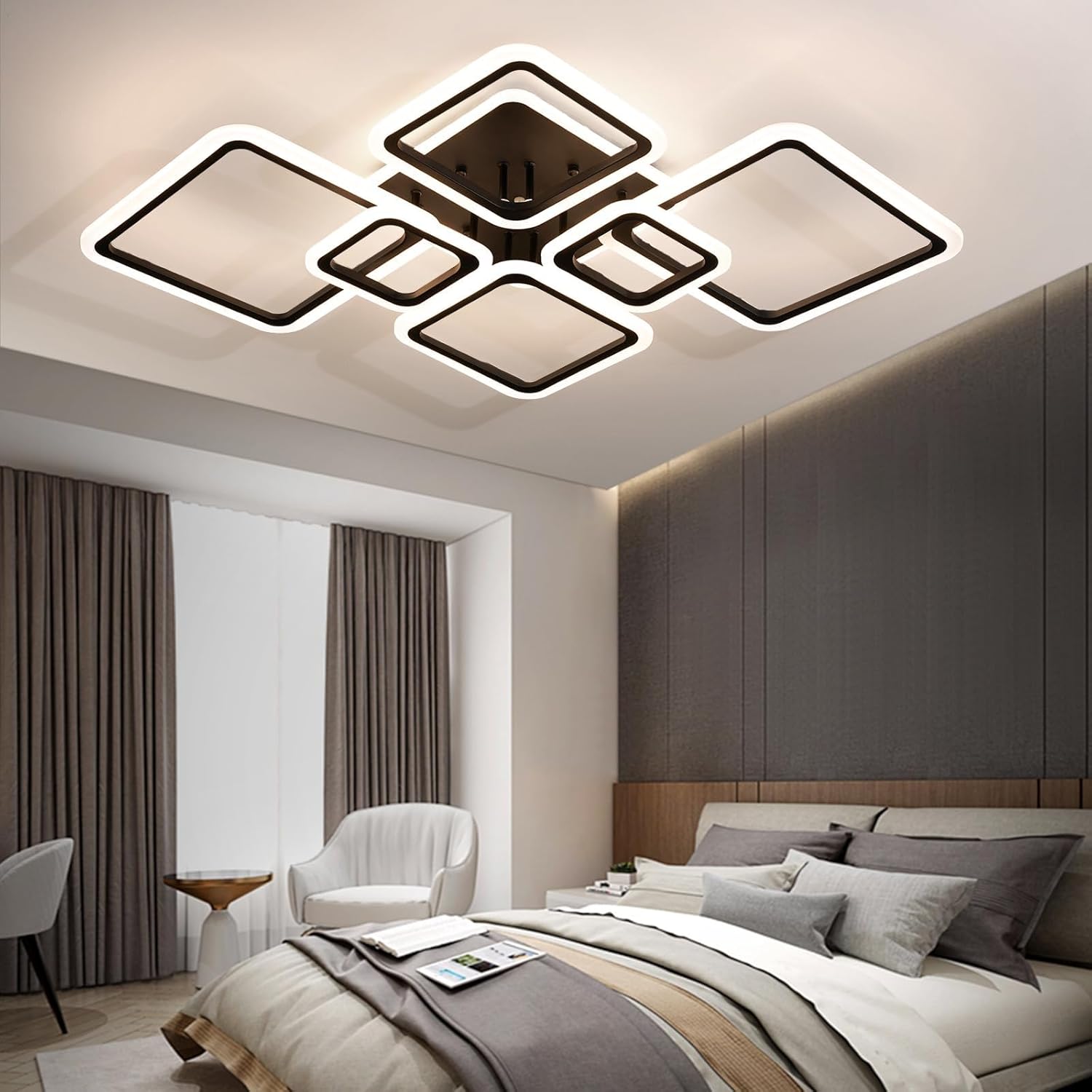 Modern Ceiling Light, 36.2'' LED Dimmable Acrylic Square 6+1 Rings Ceiling Lights with Remote, Black Flush Mount Ceiling Light Fixture for Low Ceiling Bedroom Living Room Dining Room, 130W
